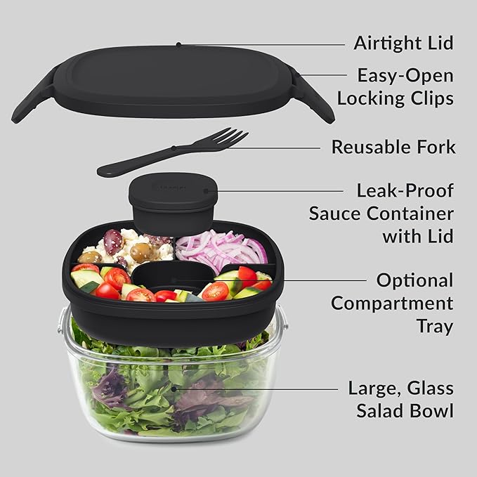Bentgo Glass Salad Container - 7.6-Cup Salad Bowl with Airtight Lid, Leak-Proof Sauce Container, 4-Compartment Bento Tray & Reusable Fork - BPA-Free for Meal Prep, Office & More (Black Onyx)