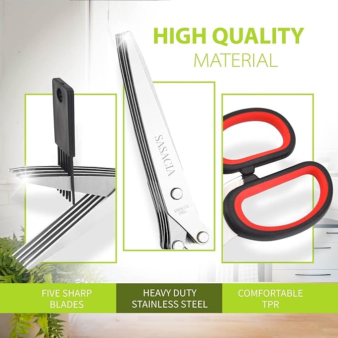 SASACIA Herb Scissors with 5 Blades & Cleaning Kit, Stainless Steel Kitchen Shears for Herbs, Lettuce, Cilantro, Dishwasher Safe, Soft-Grip Handle