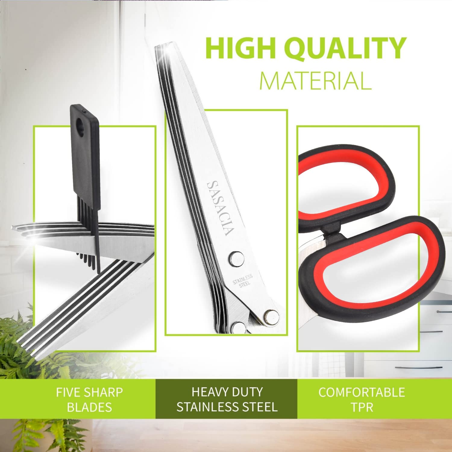 SASACIA Herb Scissors with 5 Blades & Cleaning Kit, Stainless Steel Kitchen Shears for Herbs, Lettuce, Cilantro, Dishwasher Safe, Soft-Grip Handle