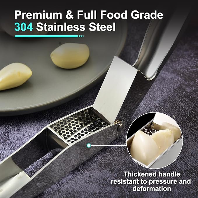 MEIAGO Garlic Press, Stainless Steel Garlic & Ginger Crusher, with Built-In Cleaner, Rust Resistant, No Peel, Large Capacity, Easy Clean，Dishwasher Safe，Silver