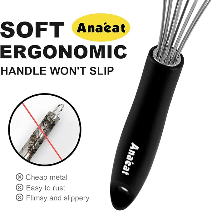 Anaeat Stainless Steel Kitchen Whisk Set of 4, Milk and Egg Beater Blender with Thick Wire for Whisking, Cooking, Baking, Beating and Stirring - 11'' Flat Whisk and 9''+11''+12'' Balloon Whisks