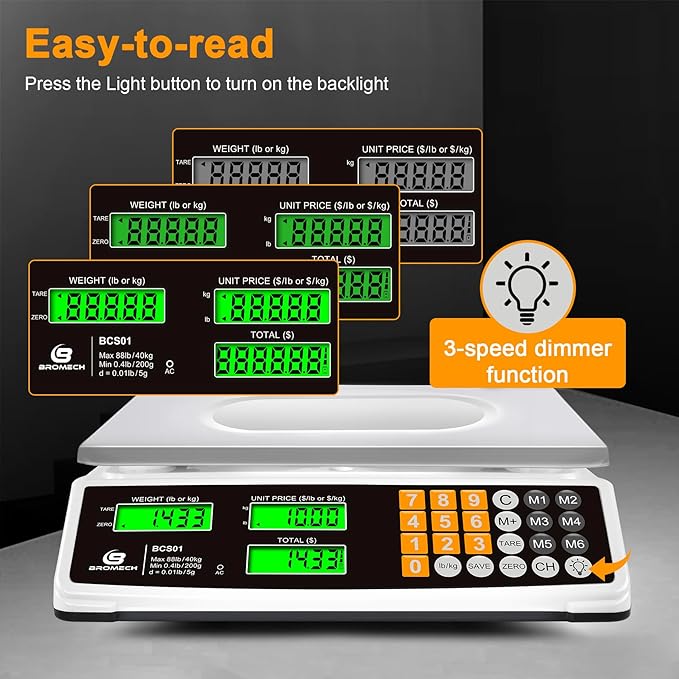 BROMECH Price Computing Scale 88lb/40kg Commercial Food Scale for Produce Meat Weighing, LCD Display and Green Bright Backlight for Farmers Markets, Meat Shop, Deli, （Not for Trade）