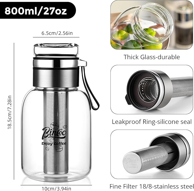Bincoo Glass Cold Brew Coffee Maker with Extended Fine Mesh Filter, Tea Infuser Bottle Iced Coffee Maker with Thick Borosilicate Glas