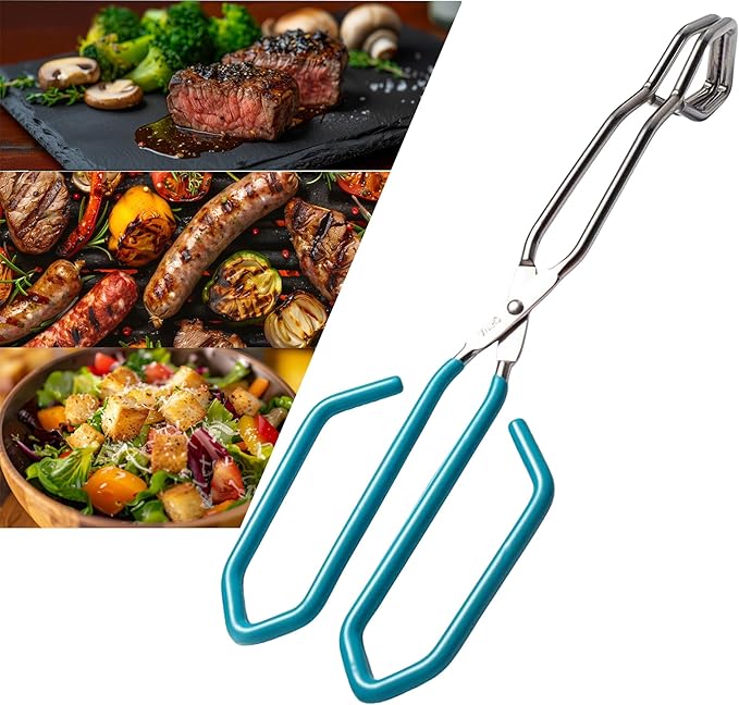 Hiash Stainless Steel Scissor Tongs, Heavy Duty, Kitchen Tongs for Food Cooking Barbecue BBQ Grilling and Serving (2pcs Blue)
