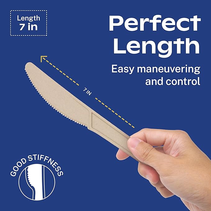 CORAL Light Brown Compostable Knives - 120 Heavy Duty No Plastic Knives (7.0 inch) - Break Resistant with Smooth Edges, Ocean Friendly Alternative to Plastic Silverware - Biodegradable & Disposable