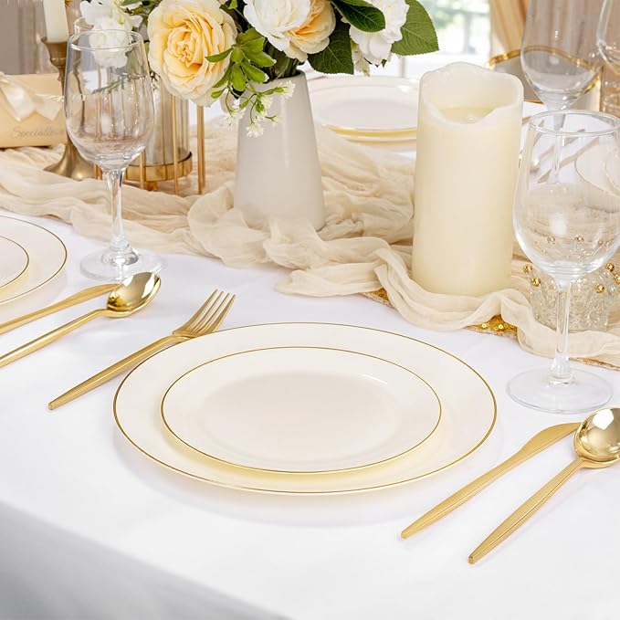 bUCLA 200PCS Ivory Plastic Plates with Gold Rim - Heavy Duty Cream Disposable Include 100 Dinner 10 inch & 100 Dessert 7 inch Plates, Ideal for Party & Wedding