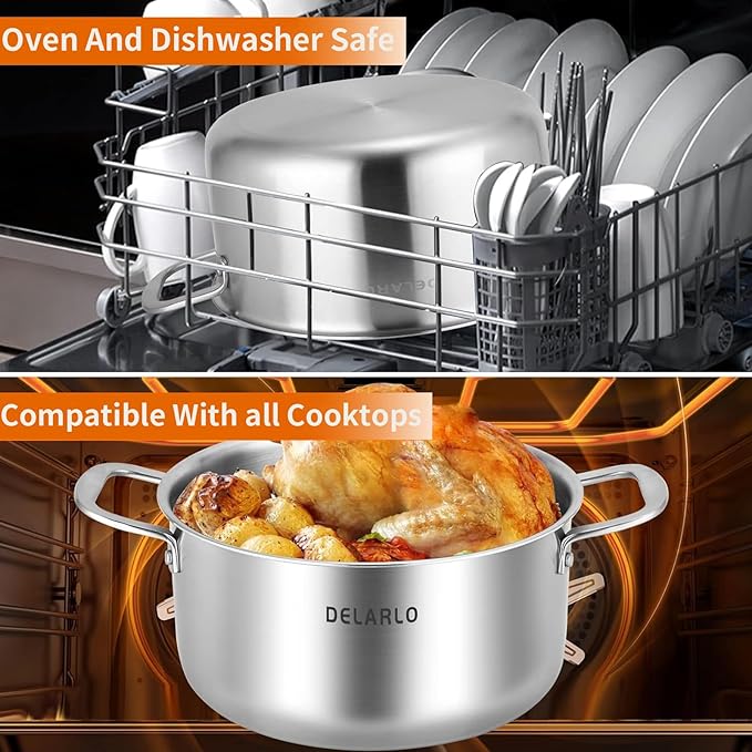 DELARLO Tri-ply Stainless Steel 6 Quart Heavy Duty Induction Stock Pot