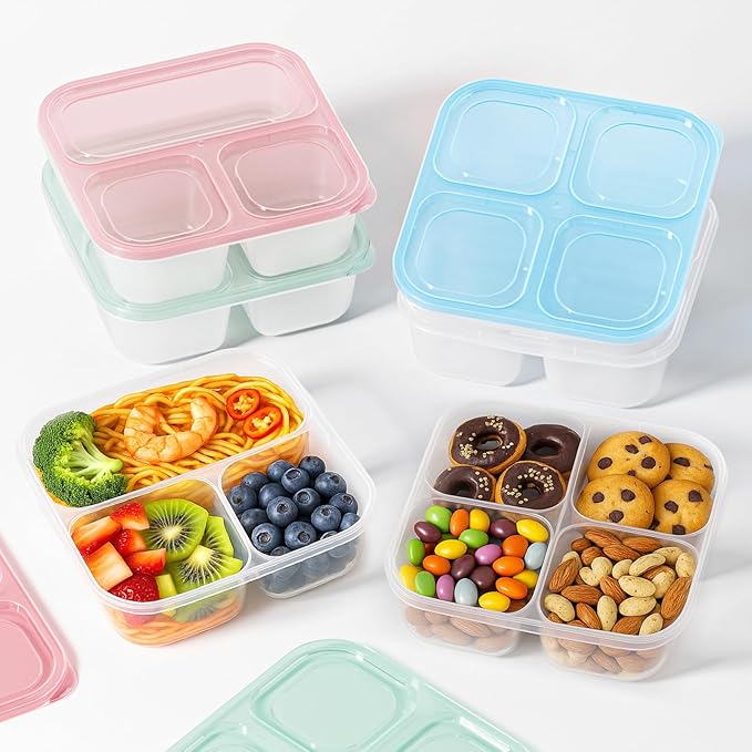 Canfanni 6 Pcs Snack Box Container Set, Reusable 3&4 Compartment Meal Prep Snack Containers for Adults Kids Toddler, BPA-Free Divided Lunchable Container for School, Work and Travel (All Transparent)