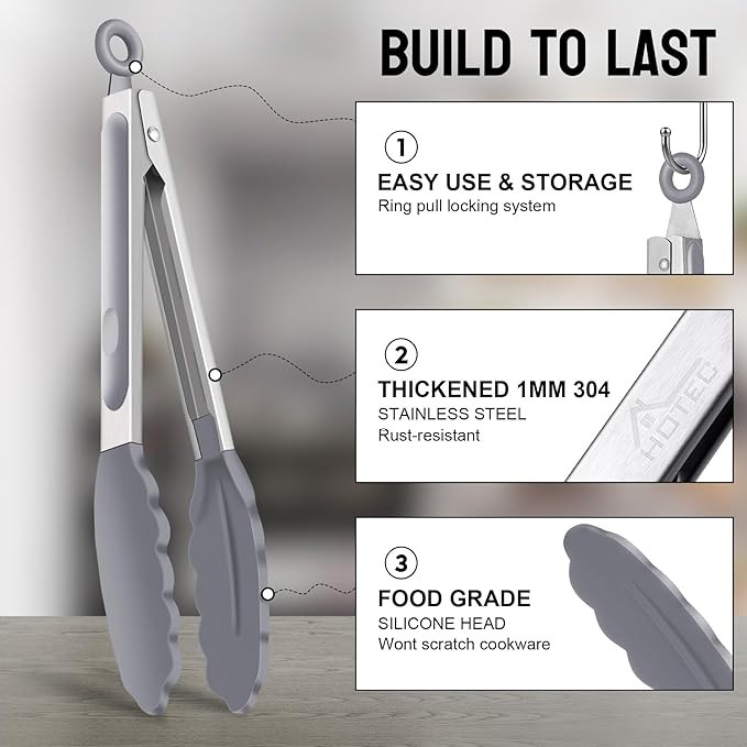 HOTEC Premium Stainless Steel Locking Kitchen Tongs with Silicon Tips, Set of 3-7", 9" and 12", Black, Grey, White