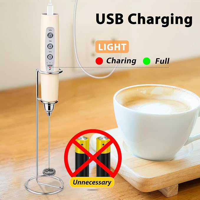 Milk Frother Wand Rechargeable Handheld Electric Whisk 3 Speed Adjustable