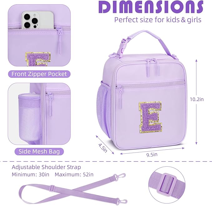 CLOUDWINGS Initial Insulated Lunch Bag for Girls Kids, Back to School Gift, Reusable Leak-proof Lunch Box with Adjustable Strap for School Daycare Travel Picnic (Purple,E)