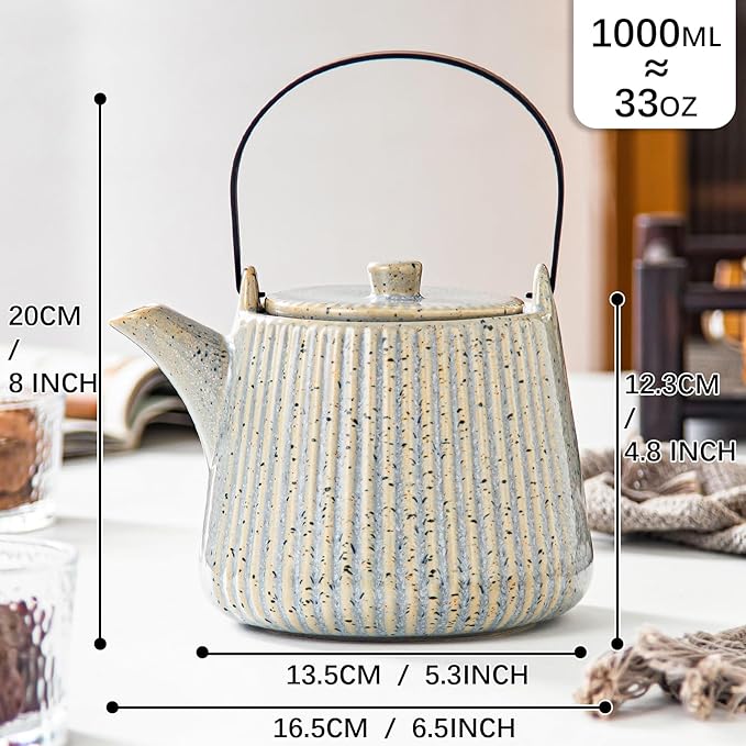 Yundu Ceramic Teapots for Tea, 1000ml/33.8oz Tea Pot with Infusers for Loose Tea, Striped Tea Pot with Removable Tea Infuser - Reactive Grey
