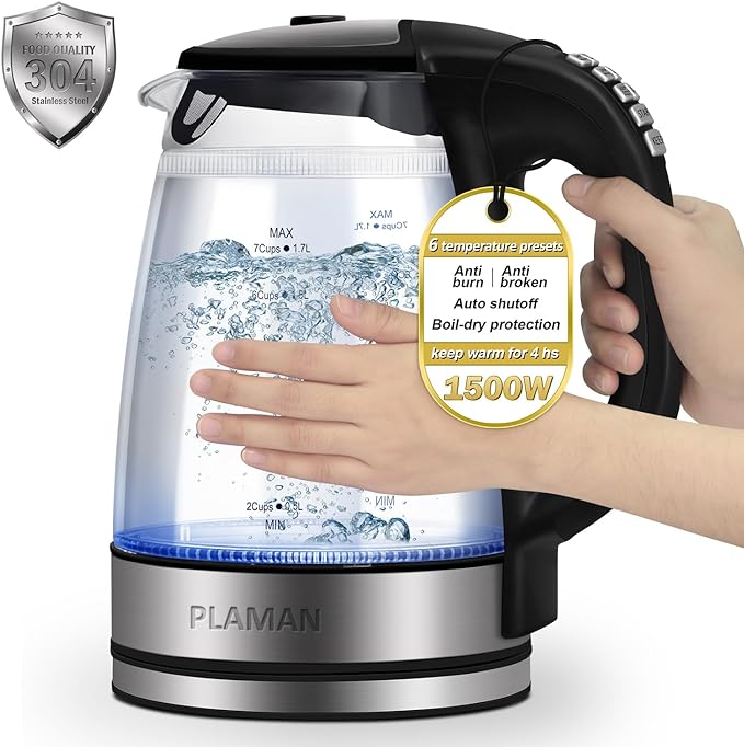 1500W Electric Kettle with Temperature Control - 6-Temp Presets for Tea/Coffee, Double Wall Cool-Touch, 4H Keep Warm, 1.7L Borosilicate Glass & BPA-Free, Fast Boil for Home/Office