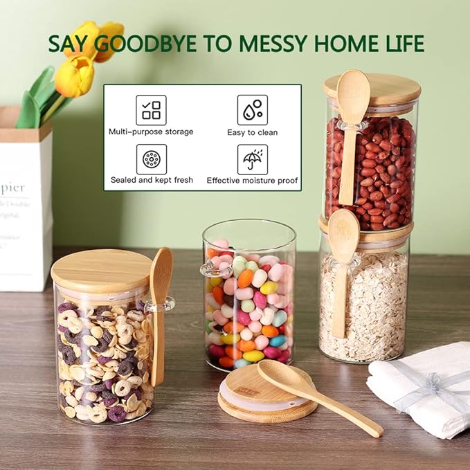 CZFWin 4 Pack Glass Containers with Lids and Spoons, Overnight Oat Container with Lids Glass, Oatmeal Jar with Spoons, Meal Prep Jars for Yogurt, Chia Pudding (Round 4PCS)