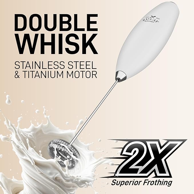 Zulay Kitchen Powerful Milk Frother Wand With Duracell Batteries - Ultra Fast Handheld Drink Mixer - Electric Whisk Foam Maker for Coffee, Lattes, Cappuccino & Matcha - Double Whisk - White