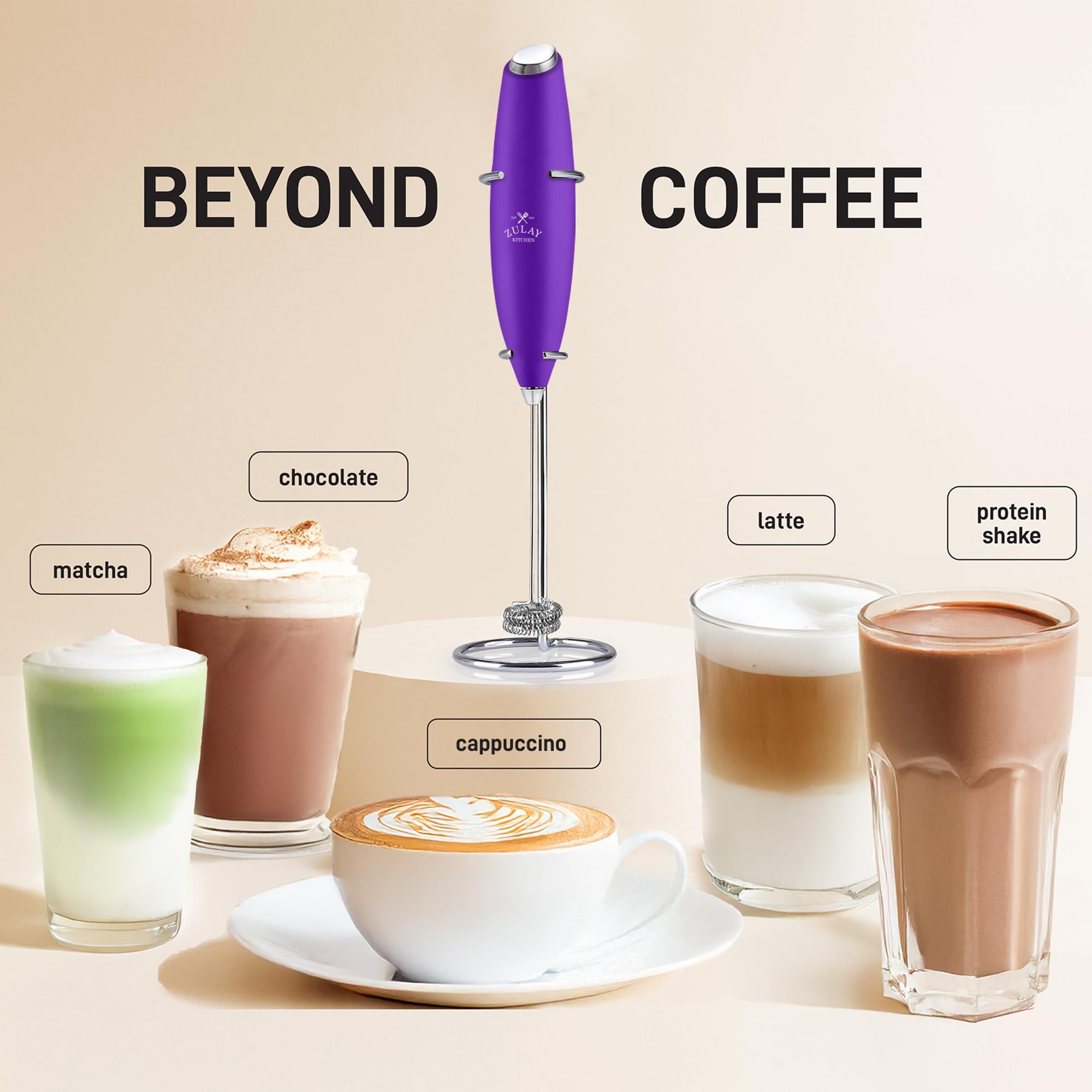 Zulay Kitchen Powerful Milk Frother Wand With Duracell Batteries - Ultra Fast Handheld Drink Mixer - Electric Whisk Foam Maker for Coffee, Lattes, Cappuccino & Matcha - Double Whisk - Purple