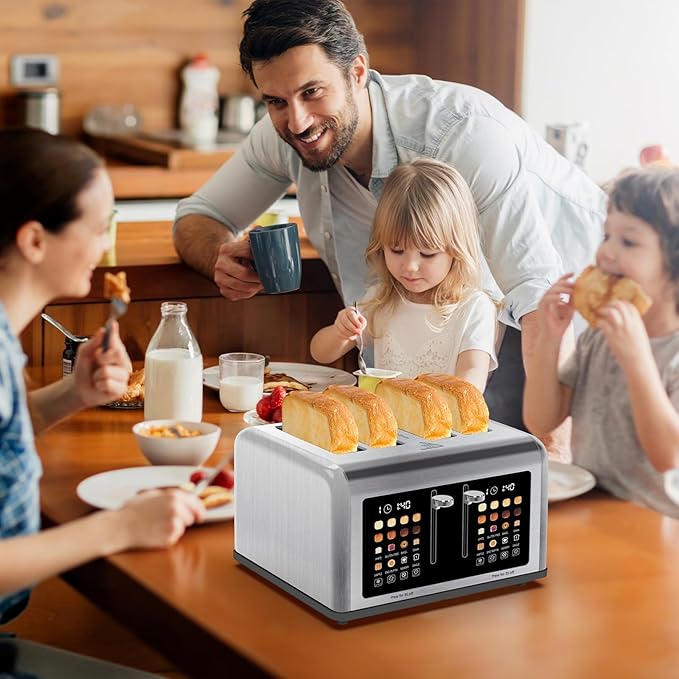 4 Slice Toaster Touch Screen, Stainless Steel Toasters Digital Timer, Dual Control Panel Toasters, 8 Shade Settings 6 Bread Types for Bagel, Cancel, Defrost 1650W Silver