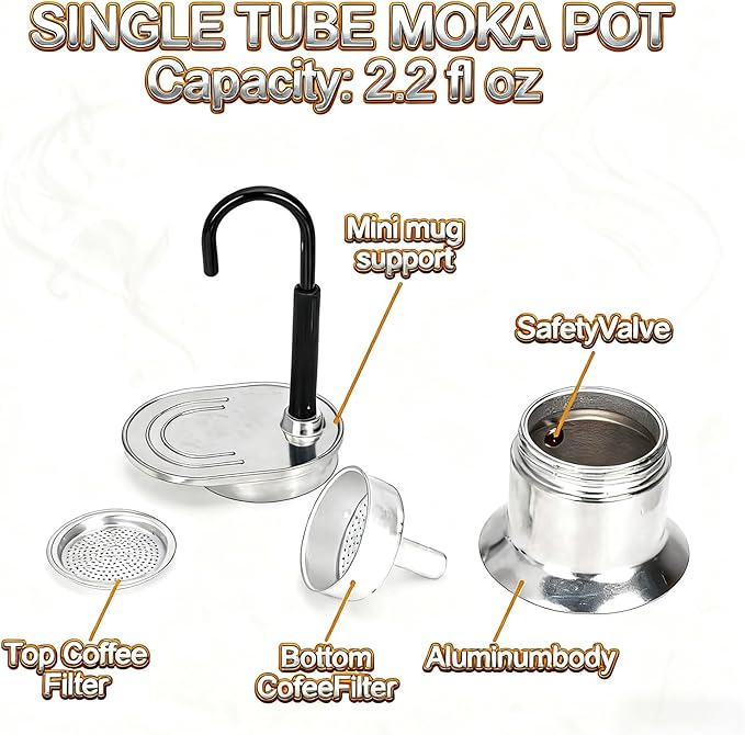 WINXYMIN 50ml Mini Aluminum Moka Pot - Single Tube Espresso Maker, 2.2 fl oz Compact Aluminum Body with Safety Valve & Black Handle, Portable Brewing for Home, Office & Travel