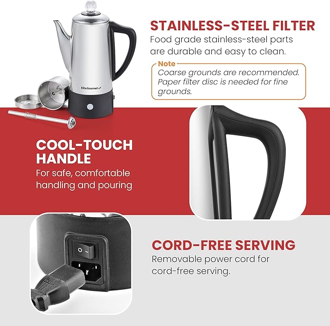 Elite Gourmet 6-Cup Electric Coffee Percolator, Stainless Steel, 1000W