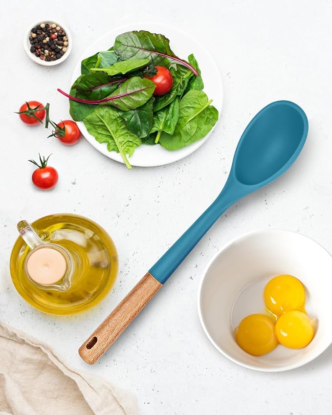 Badiano Large Silicone Cooking Spoons, Nonstick Solid Wooden Handle,13.2in