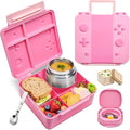 FAJSL Game Bento Box for Kids, Lunch Box with Thermo(9oz Food Jar), Folding Spoon, Removable Divider & Sauce Cup, Lunch Box Kids for School,Travel, BPA-Free & Realistic Shape (Pink)