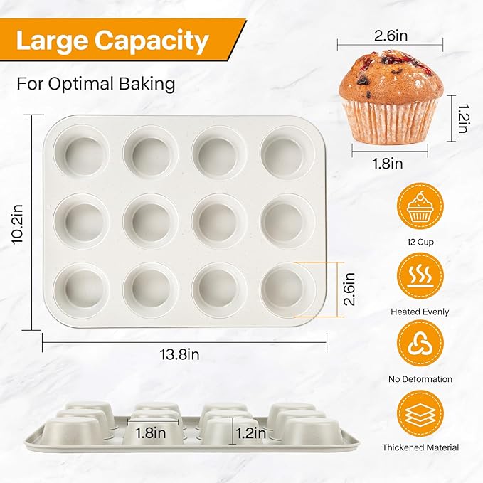 Spmarkt 2-Pack Healthy Baking Cupcake Pan| Non Stick 12-Cup Muffin Pan | Durable & Easy Clean Muffin Tin | Perfect for Cupcakes, Muffins (Beige)