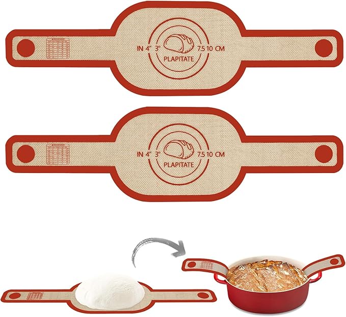 PLAPITATE Silicone Bread Sling Dutch Oven Liner, Non-Stick & Easy Clean Reusable Oval Silicone Bread Sling Baking Mat, Easy to Transfer Sourdough Bread - 2 Red Set