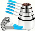 Bopei Measuring Cups and Spoons Set Stainless Steel 10 Piece for Cooking and Baking (5 Cups + 5 Spoons, Light Blue Handle)
