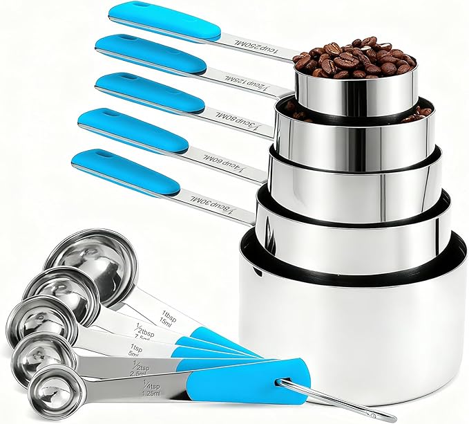 Bopei Measuring Cups and Spoons Set Stainless Steel 10 Piece for Cooking and Baking (5 Cups + 5 Spoons, Light Blue Handle)