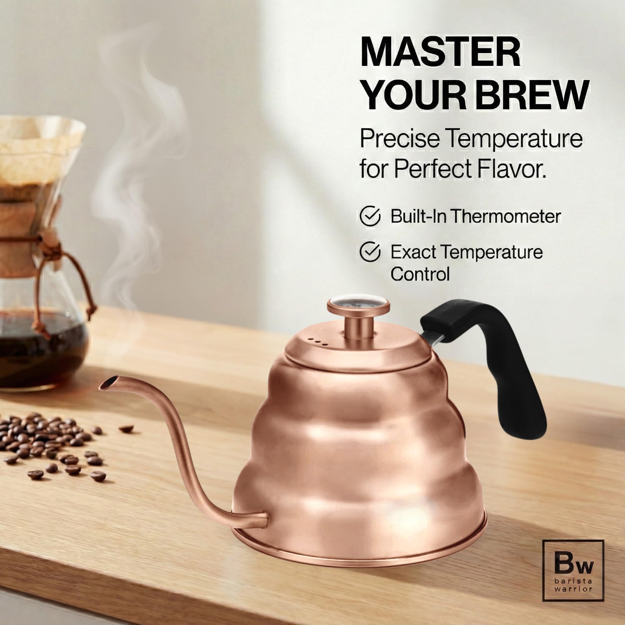 Barista Warrior Gooseneck Kettle with Built-In Thermometer for Pour Over Coffee & Tea - 1L Stainless Steel Kettle Stovetop Safe with Precision Spout - Copper Coated Stainless Steel