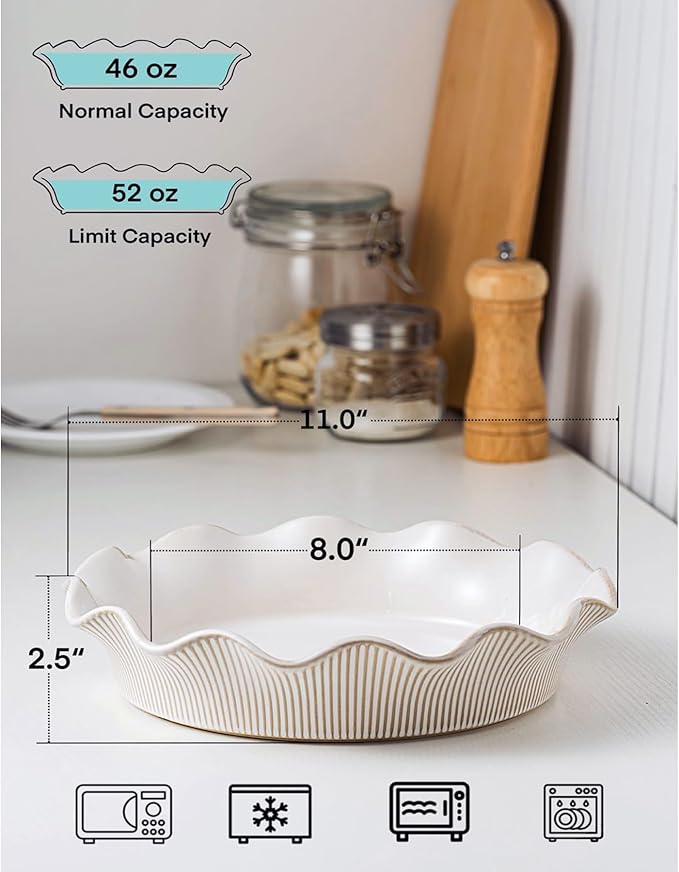 MIKIGEY Ceramic Deep Pie Pan for Baking, 11 inch Porcelain Pie Dish for Apple Pie, Oven & Dishwasher Safe, Farmhouse Decor, 48 Ounce Deep Plate for Kitchen, Non-Stick Pie Pans, Embossed Stripe