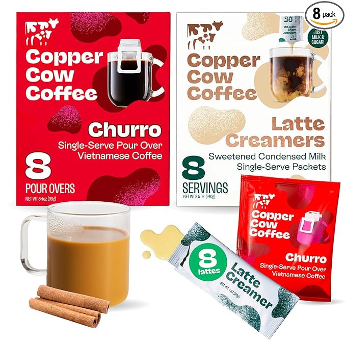 Copper Cow Coffee Vietnamese Churro Pour Over Coffee & Creamer Set, 8 Coffees + 8 Creamers | Dark Roast | Real Cinnamon | No Artificial Flavors | No Refrigeration Needed | As Seen on Shark Tank