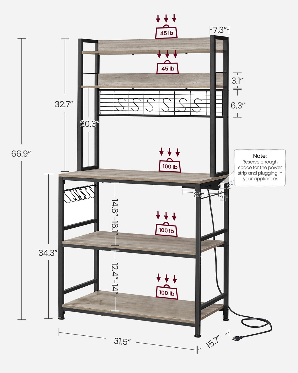 VASAGLE Bakers Rack with Power Outlet, Microwave Stand, Kitchen Tall Utility Storage Shelf, with Metal Wire Panel, 14 Hooks, 15.7 x 31.5 x 66.9 Inches, Heather Greige and Ink Black UKKS025B02