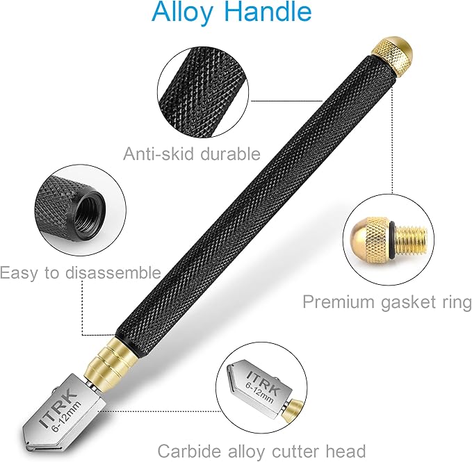 Glass Cutter 2mm-20mm, Glass Cutting Tool with Glass Oil & 3 Carbide Heads