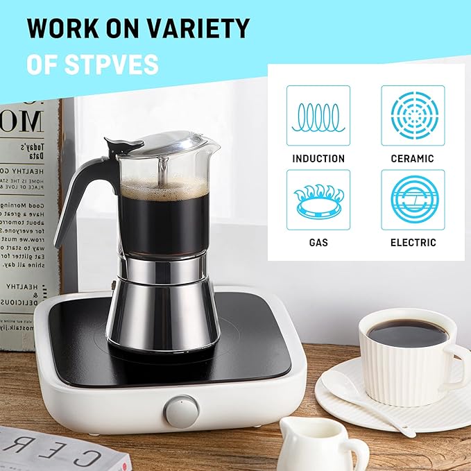 SIXAQUAE Stovetop Espresso Maker, Crystal Glass-top & Stainless Steel Espresso Moka Pot,Classic Italian coffee maker（360ml）