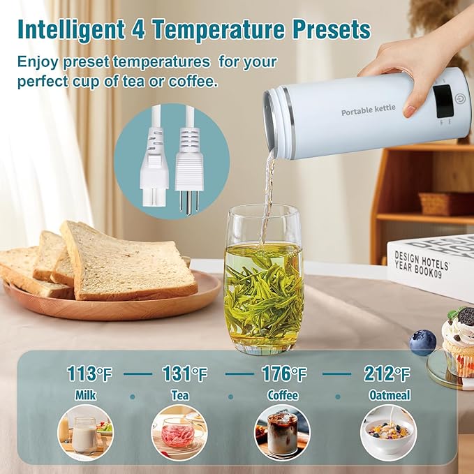 Touxila Portable Electric Kettle for Travel 120V, 13.5oz, 4 Temp Settings
