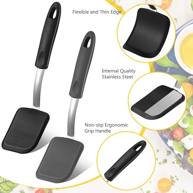 Yetene Silicone Cookie Spatula Turner 2 Pack Mini Brownie Spatula Flexible Kitchen Small Silicone Turner for Nonstick Cookware Heat Resistant No Scratch Flipper for Egg(Solid Flat,Black, Grey)