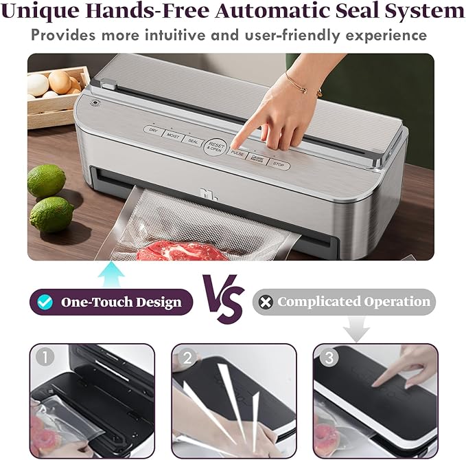 Mesliese Vacuum Sealer, 85kPa 120W, Dry & Moist Mode, 2 Rolls + 5 Bags
