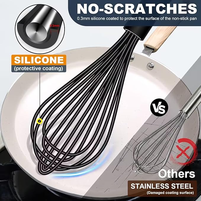 Eddeas Mini Silicone Whisk, Small Silicone Whisk 7+9in, BPA free Non Scratch Coated Protect your Ceramic Pots and Pan.Perfect for Whisking, Beating, Mixing.Black