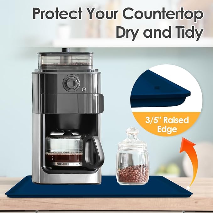 Silicone Coffee Maker Mat with Lip for Countertops, 19.7'' x 15'' Navy Blue