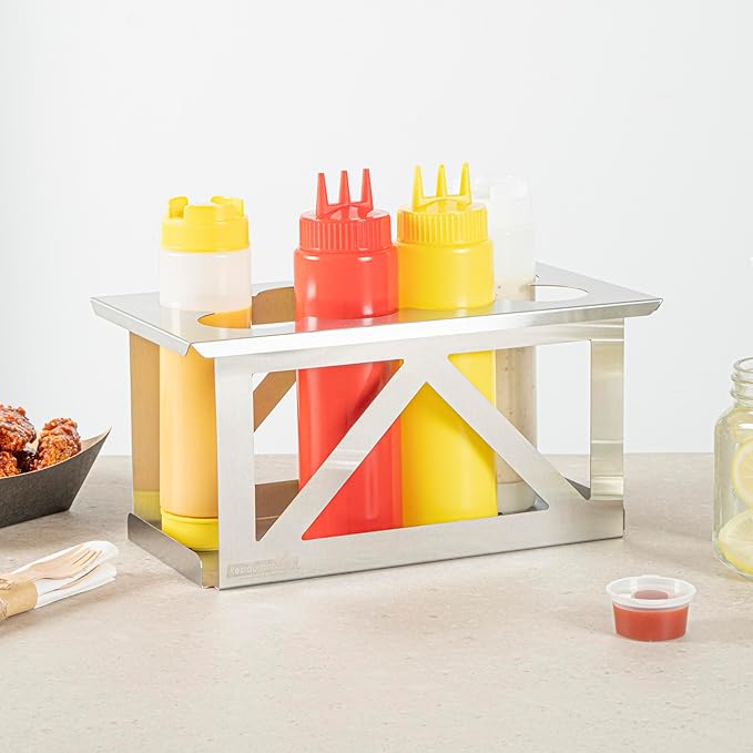 Restaurantware Squeeze Bottle Holder 1 Count Fits 1/3 Size Pan 12.79 x 7.09 x 6.26 Inch Stainless Steel Condiment Bottle Organizer - Durable Kitchen Prep Bottle Rack - Silver