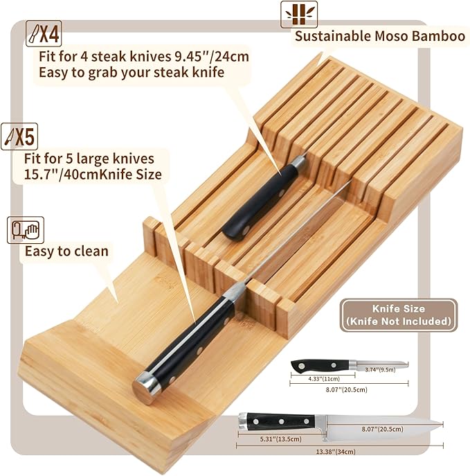 Utoplike Knife Drawer Organizer, Bamboo Knives Block for Kitchen Drawers