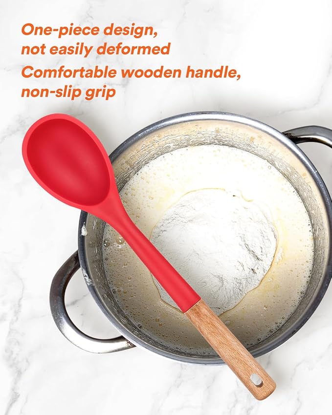Badiano Large Silicone Cooking Spoons, Nonstick Solid Wooden Handle,13.2in