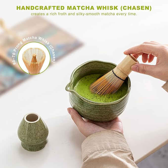 Matcha 7-Piece Set, Japanese Matcha Ceremony Kit with Chawan Bowl, Bamboo Whisk and Strainer, Great Gifts for Mom, Grandma, Wife, Women, Birthday, Mother’s Day, Graduation, Home Decor (Matcha Green)