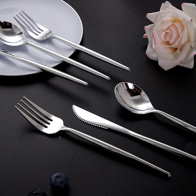 SUT 150Pcs Silver Plastic Silverware Set, Heavy Duty Disposable Cutlery Includes 50 Forks, 50 Spoons and 50 Knives for Party, Wedding and Catering