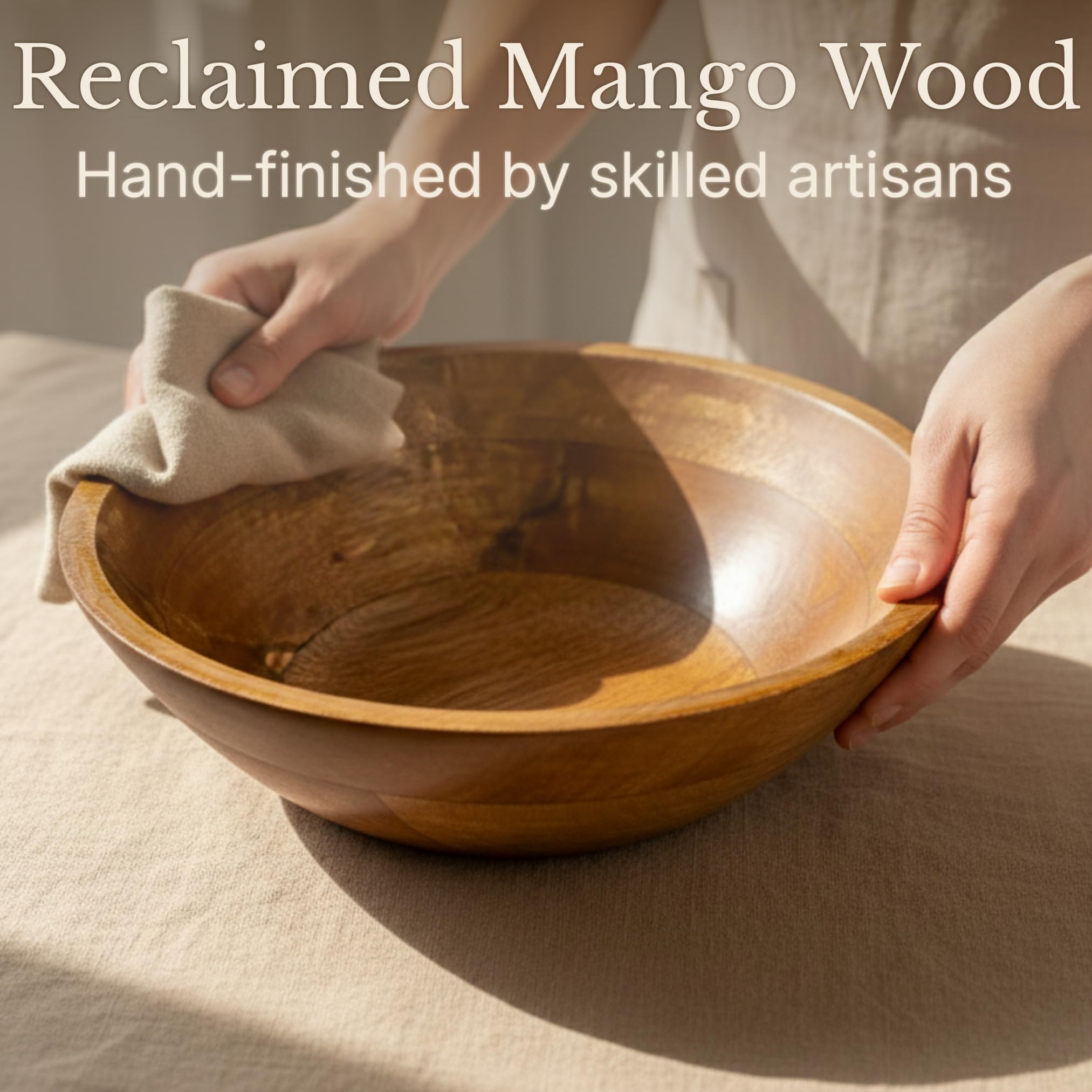 Large Wooden Salad Bowl 11.5 Inches with Serving Utensils, Wooden Fruit Bowl, Mango Wood Bowl Set for Serving, Large Wood Salad Bowl for Family Meals, Pasta, Popcorn, Handcrafted Wooden Serving Bowl