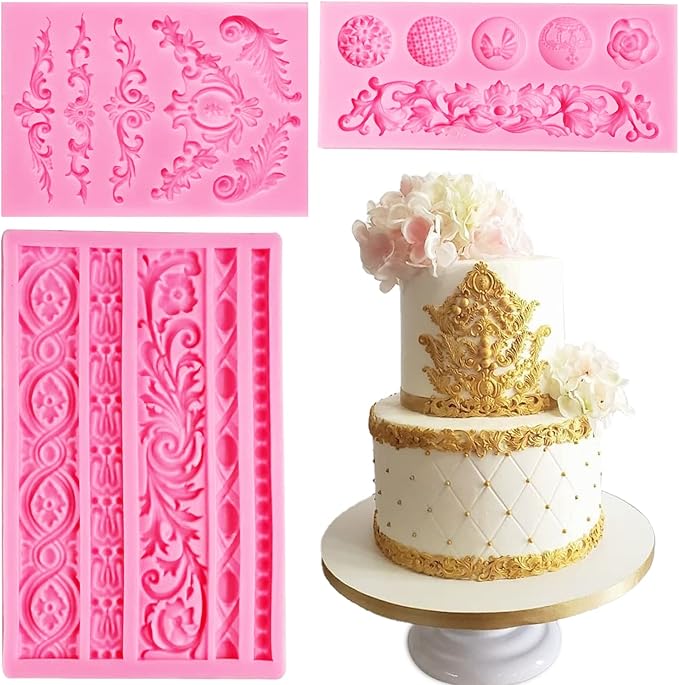 Baroque Silicone Molds, AIMEIKI 3 Pack Baroque Border Fondant Molds Scroll Lace Mold Vintage Curlicues Baking Molds for Cake Decorating, Chocolate, Cupcake Topper, Clay Crafts