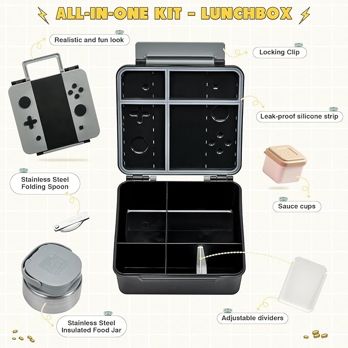 FAJSL Game Bento Box for Kids, Lunch Box with Thermo(9oz Food Jar), Folding Spoon, Removable Divider & Sauce Cup, Lunch Box Kids for School,Travel, BPA-Free & Realistic Shape(Grey)