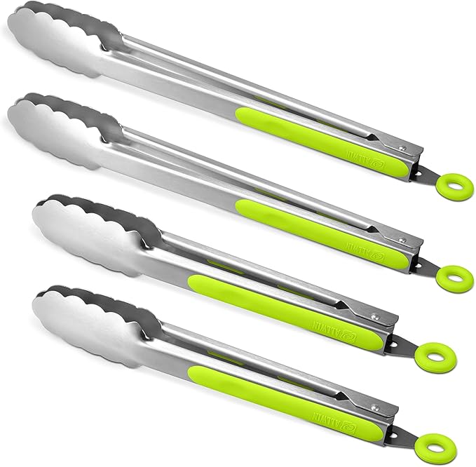304 Stainless Steel Locking Kitchen Tongs, 9 & 12 Inch, 4-Piece, Green