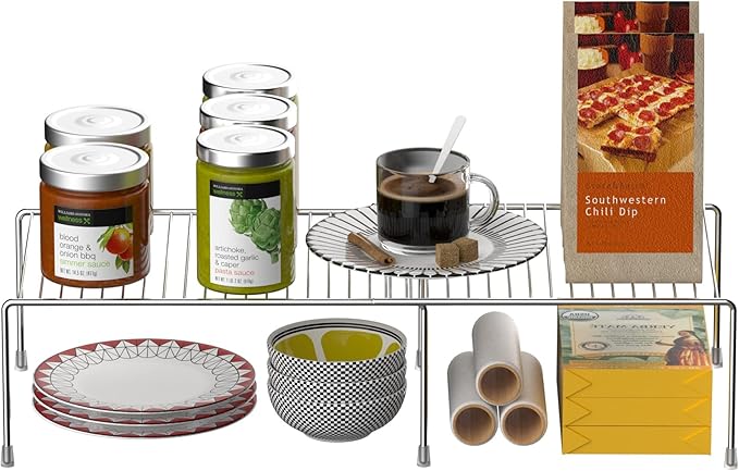 GEDLIRE Kitchen Cabinet Expandable Shelf Organizers Set of 2, Adjustable Metal Wire Pantry Storage Shelves, Plate Dish Organizer Rack for Cabinets, Cupboard, Counter, Freezer, Countertop, Chrome